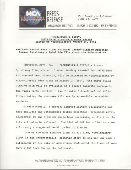 Schindler's List Film - Videocassette Press Kit 8 Photos
