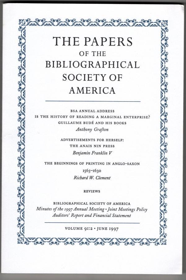 The Papers of the Bibliographical Society of America (Vol 91:2, June 1997)