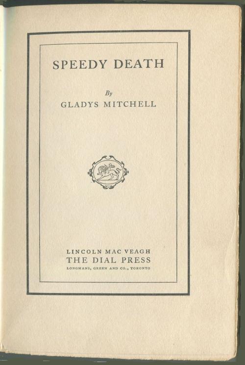 Speedy Death by Gladys Mitchell (First US Edition) Author's First Book
