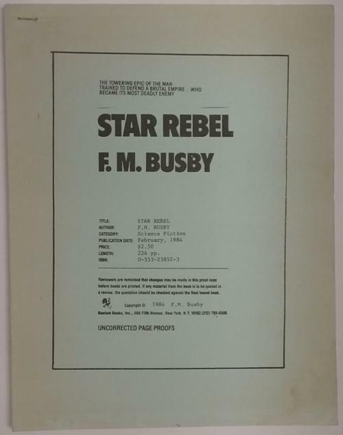 Star Rebel by F. M. Busby (First Printing) Proof w/Cover Flat