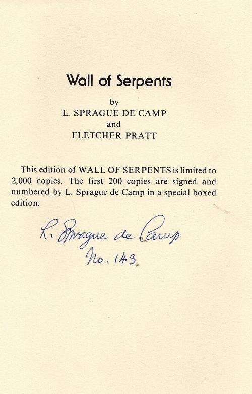 Wall of Serpents by L. Sprague de Camp (Limited Edition) Signed