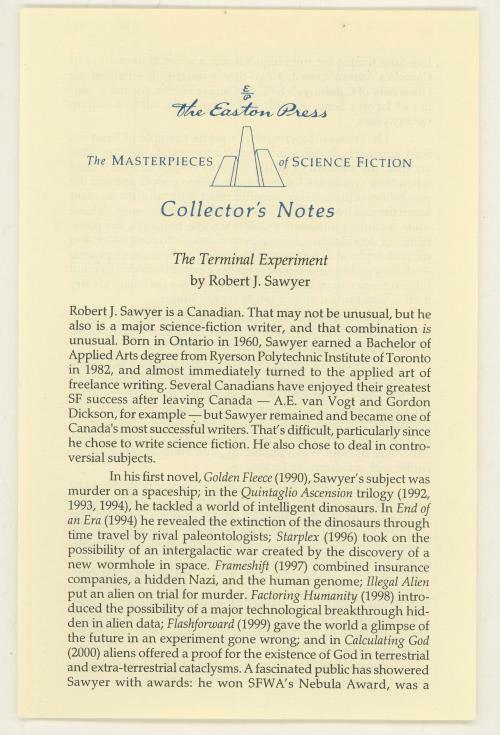 The Terminal Experiment by Robert J. Sawyer Signed