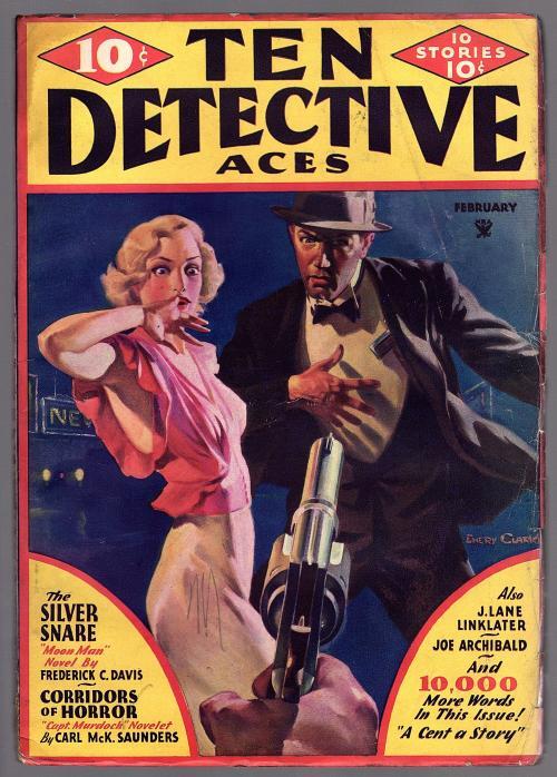 Ten Detective Aces Feb 1935 Moon Man, GG at gunpoint - Pulp