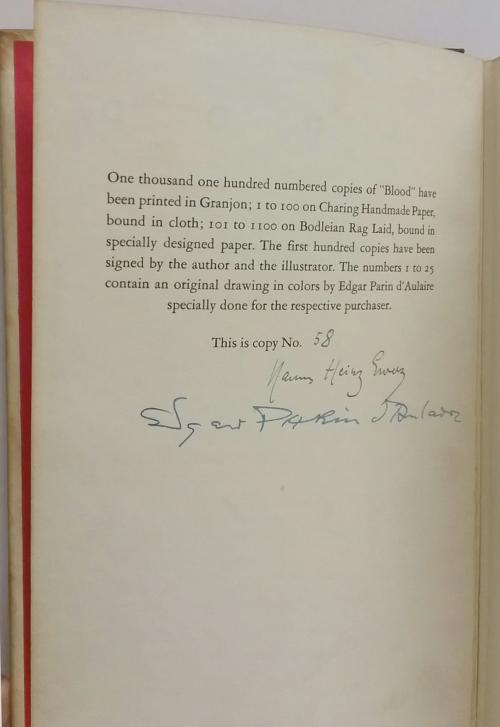 Blood by Hanns Heinz Ewers (Limited Edition) Edgar Parin d'Aulaire Signed #58/74