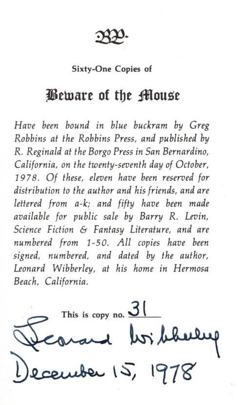 Beware of the Mouse by Leonard Wibberley (Signed) LTD #31/50 Signed