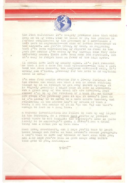 Dashiell Hammett Typed Letter (Signed) Nov. 4th, 1944, WWII