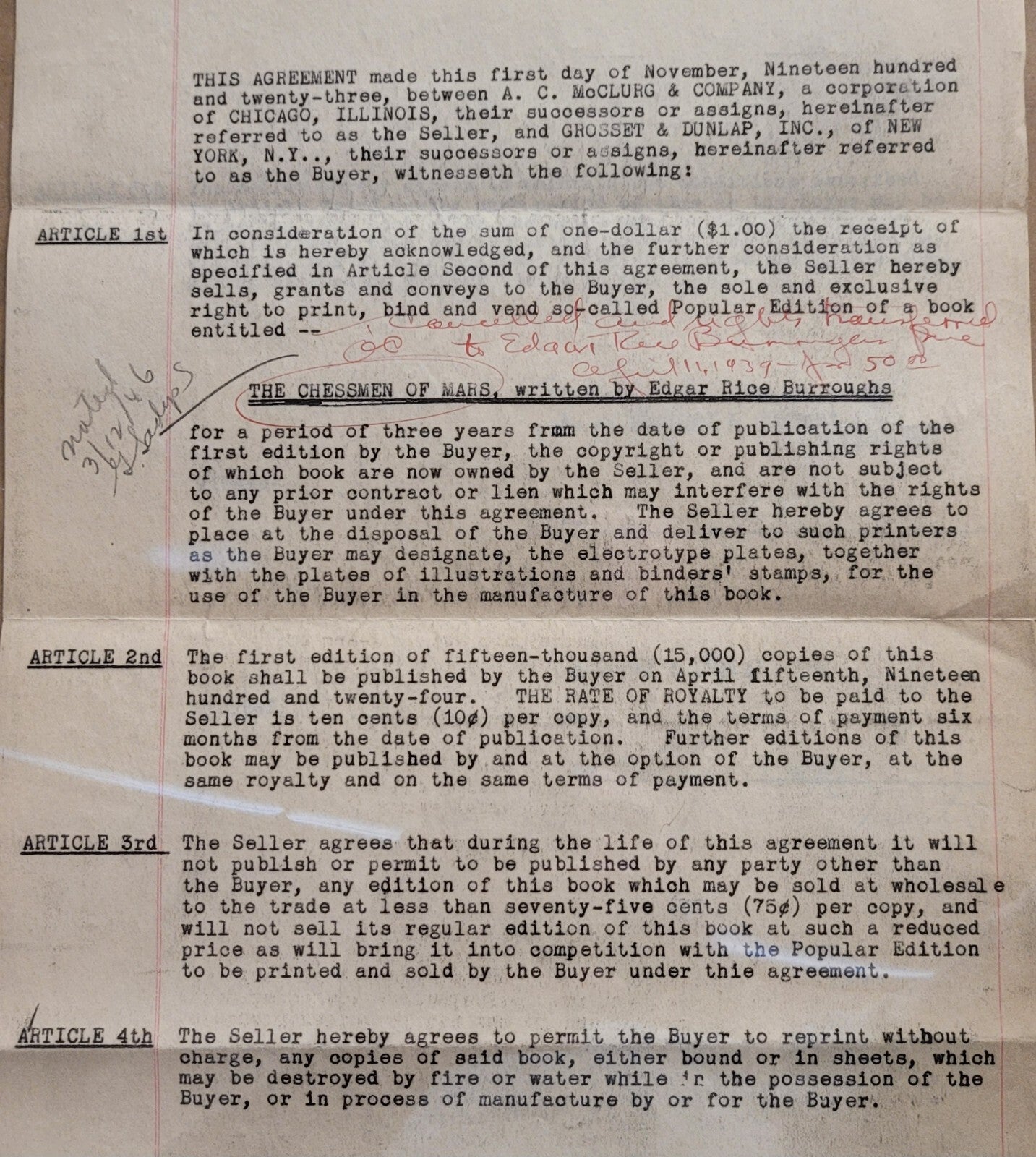 Edgar Rice Burroughs THE CHESSMEN OF MARS  Publishing Contract SIGNED 1922