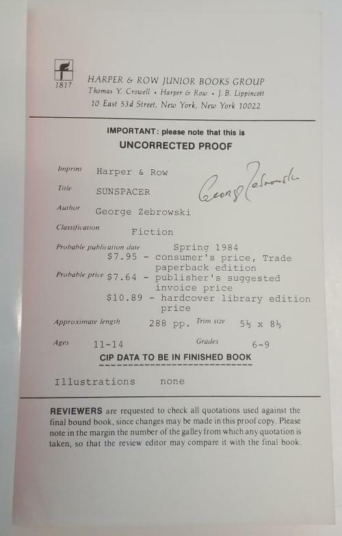 Sunspacer by George Zebrowski (First Edition) Uncorrected Proof Signed