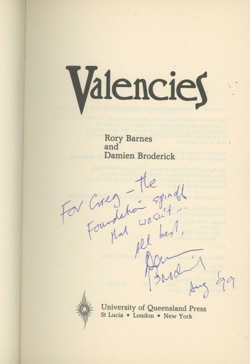 Valencies by Rory Barnes Damien Broderick (First Edition) Signed