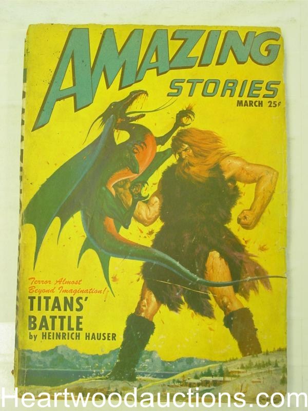 "Amazing Stories" March 1947 Neat Titans battle Cvr by R.G. Jones