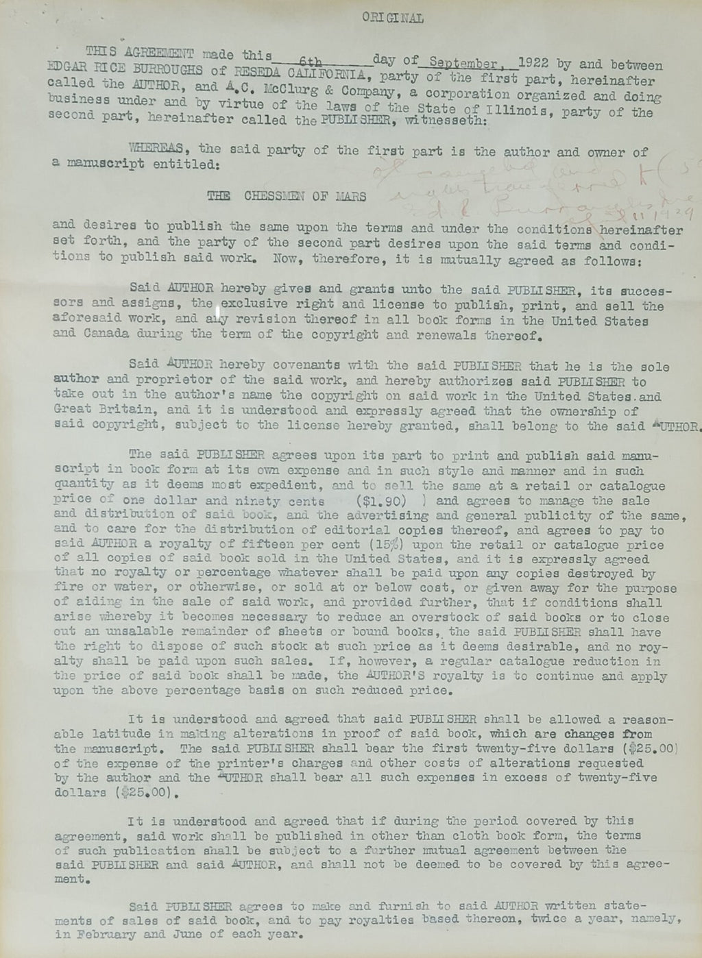 Edgar Rice Burroughs THE CHESSMEN OF MARS  Publishing Contract SIGNED 1922