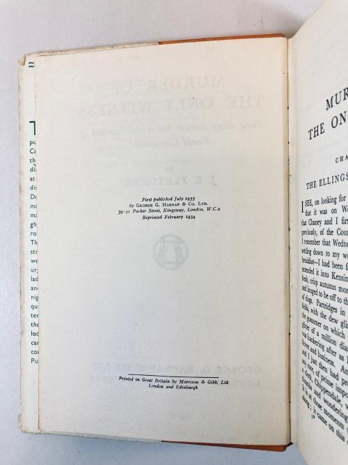 Murder of the Only Witness by J.S. Fletcher (A Harrap Jig-Saw Mystery) 1934