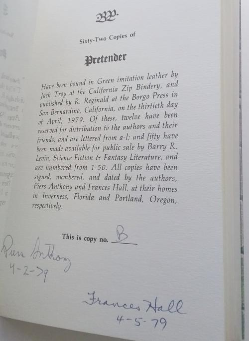 Pretender by Piers Anthony & Frances Hall (First Edition) Limited Signed Copy B