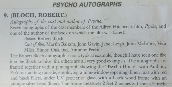 Alfred Hitchcock's 1960 PSYCHO Film AUTHOR & CAST AUTOGRAPHS "Psycho House"