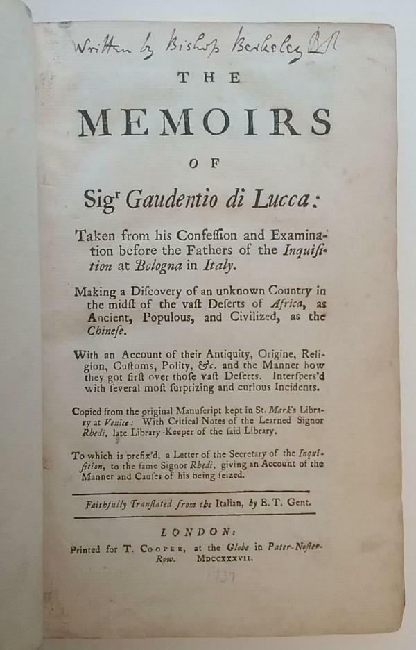 The Memoirs of Sig. Gaudentio di Lucca by Simon Berington (First Edition)