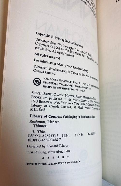 Thinner by Richard Bachman (Stephen King) First Edition - 4th printing