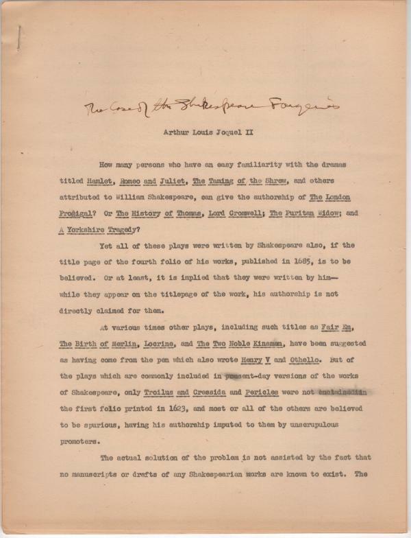 Five Historical Speculative Essays (Carbon Typed MS) by Arthur Louis Joquel II