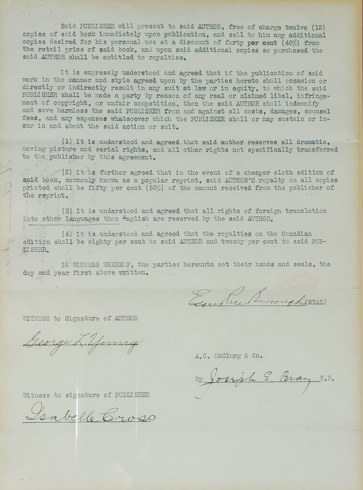 Edgar Rice Burroughs THE CHESSMEN OF MARS  Publishing Contract SIGNED 1922
