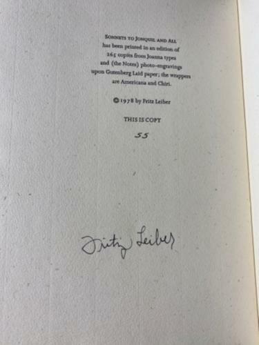 Sonnets to Jonquil and All by Fritz Leiber, First Limited Signed