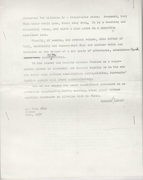 John Carter of Mars  (INTRODUCTION Typescript Copy w/Pencil) by Richard Lupoff