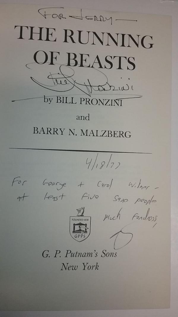 The Running of Beasts by Bill Pronzini (First Edition) Signed