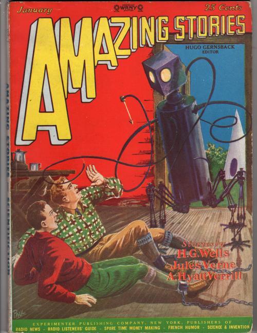 Amazing Stories Jan 1928 Paul Cvr, Hamilton, Jules Verne, H.G. Wells