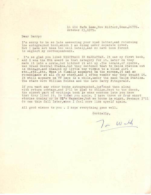 1979 Signed Letter Tom Walsh Nightmare in Manhattan, Book and Movie