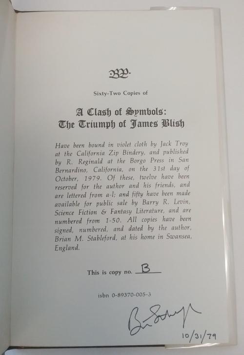 A Clash of Symbols: The Triumph of James Blish by Brian M. Stableford 1st LTD...