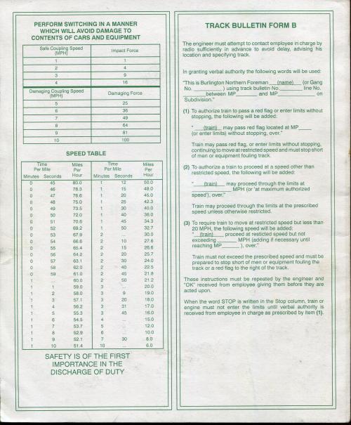 Burlington Northern Railroad Southern Corridor Timetable No.1