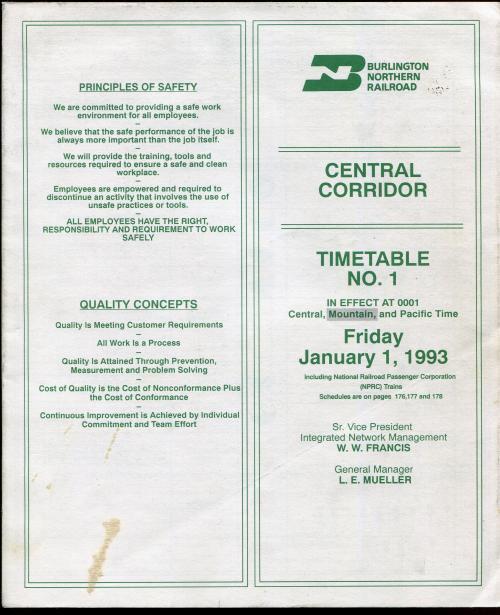Burlington Northern Railroad Southern Corridor Timetable No.1