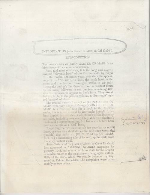 John Carter of Mars  (INTRODUCTION Typescript Copy w/Pencil) by Richard Lupoff