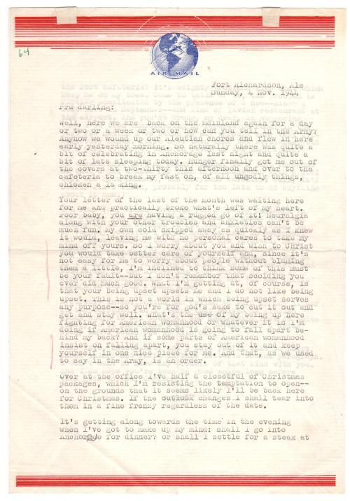 Dashiell Hammett Typed Letter (Signed) Nov. 4th, 1944, WWII