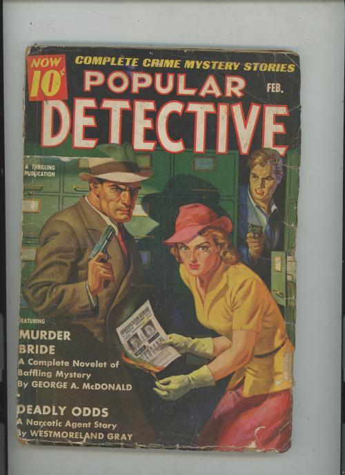 Popular Detective Feb 1939 Cover: Woman on the lamb burns her wanted poster