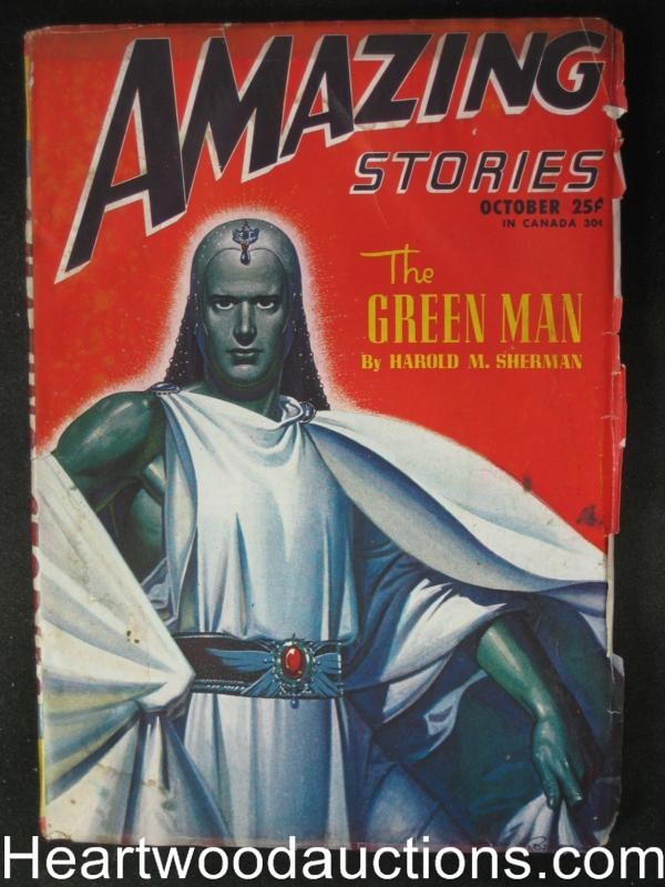 "Amazing Stories" October 1946 Classic Green Man Cvr, Virgil Finlay Art