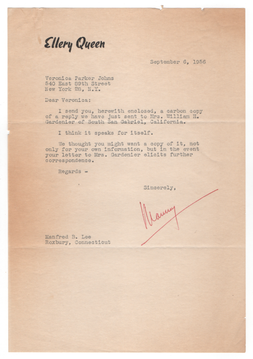 Signed Ellery Queen Typed Letter to Parker Johns, Manfred Lee 1956