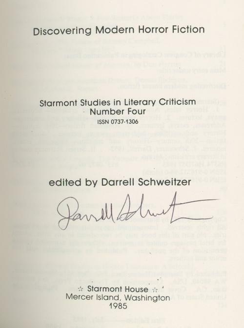 Discovering Modern Horror Fiction by Darrell Schweitzer (editor) Signed
