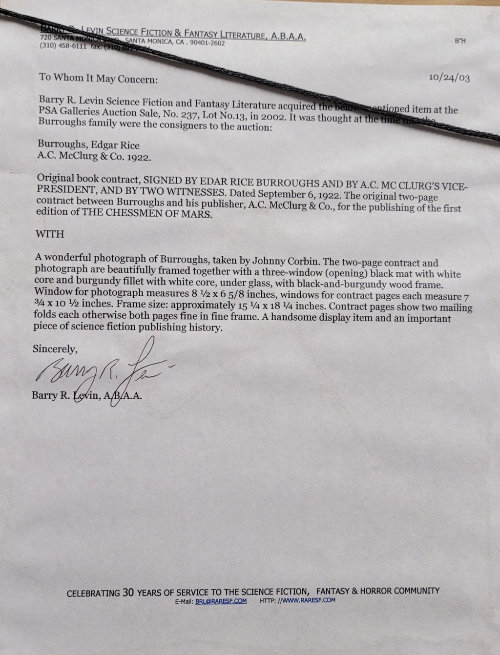 Edgar Rice Burroughs THE CHESSMEN OF MARS  Publishing Contract SIGNED 1922