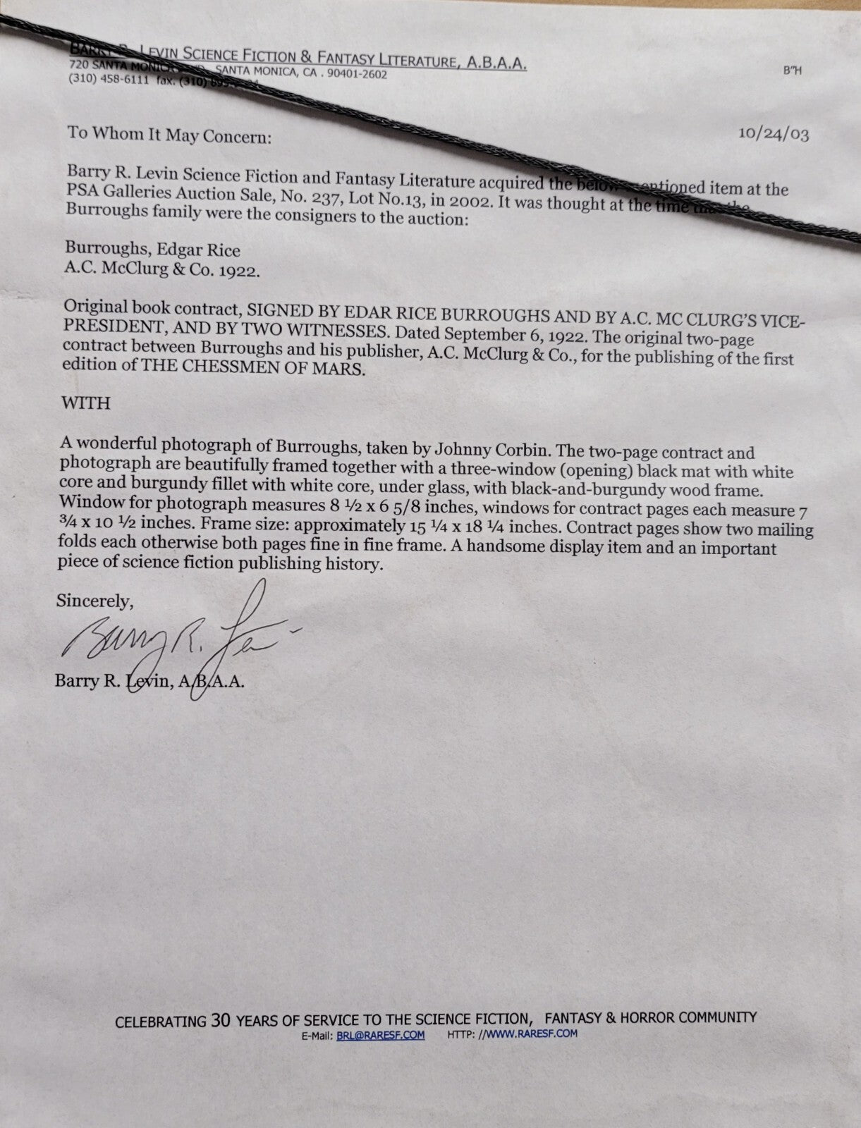 Edgar Rice Burroughs THE CHESSMEN OF MARS  Publishing Contract SIGNED 1922