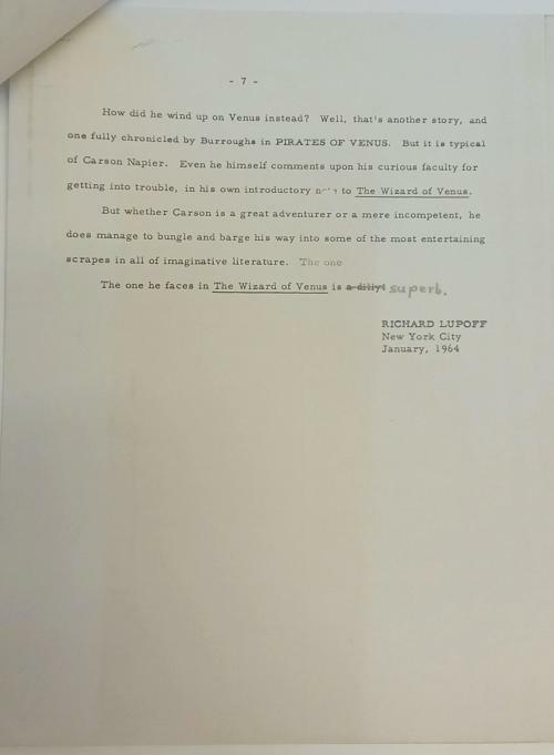 Tales of Three Planets (INTRODUCTION Typescript Copy w/Pencil) by Richard Lupoff
