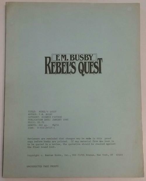 Rebel's Quest by F. M. Busby (First Printing) Proof