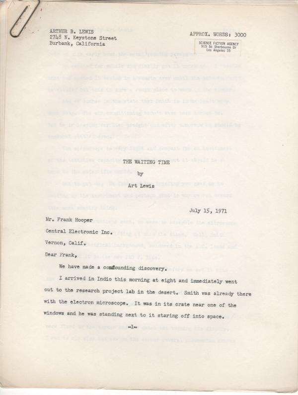 The Waiting Time (Typed Manuscript) by Art Lewis [Arthur B. Lewis]