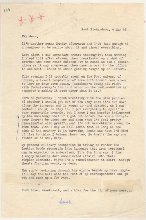 Dashiell Hammett Typed Letter (Signed) May 6th, 1945, WWII