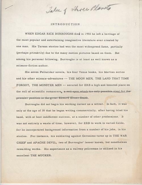 Tales of Three Planets (INTRODUCTION Typescript Copy w/Pencil) by Richard Lupoff