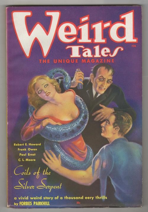 Weird Tales Feb 1936 Brundage snake bondage Cvr; RE Howard- Conan; Kuttner; E...