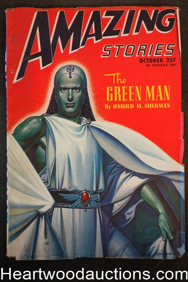 "Amazing Stories" October 1946 Classic Green Man Cvr, Virgil Finlay Art - High G