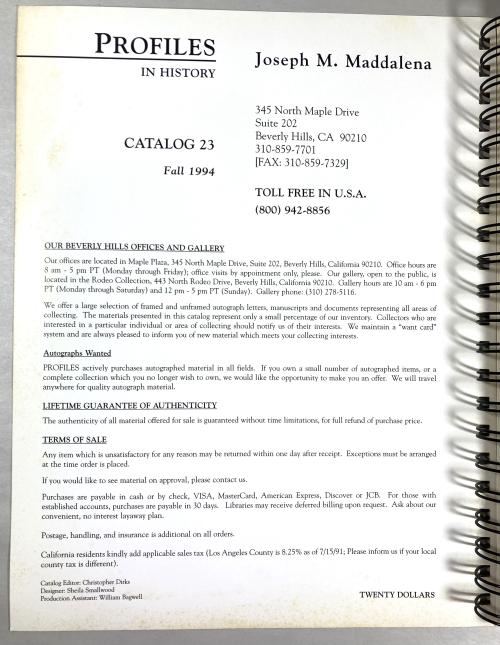 Profiles in History Catalog 23 Fall 1994 (Scrapbook of Movie Stars) by Joseph M. Maddalena