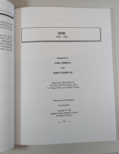 Suspense 1942 - 1962 Radio Stories by Chris Lembesis, Randy Eidemiller Signed